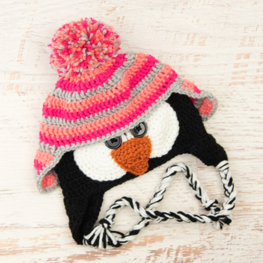 In-Stock 3-10 Year Penguin Hat in Pink Grapefruit, Rose Shocking and Silver Heather