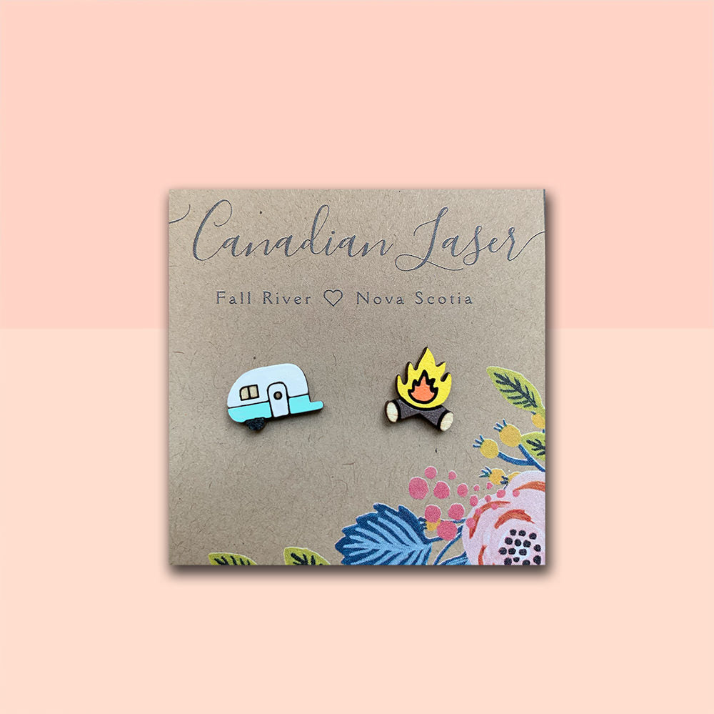 Hand Painted Wooden Studs - Camping - Retro Camper & Campfire