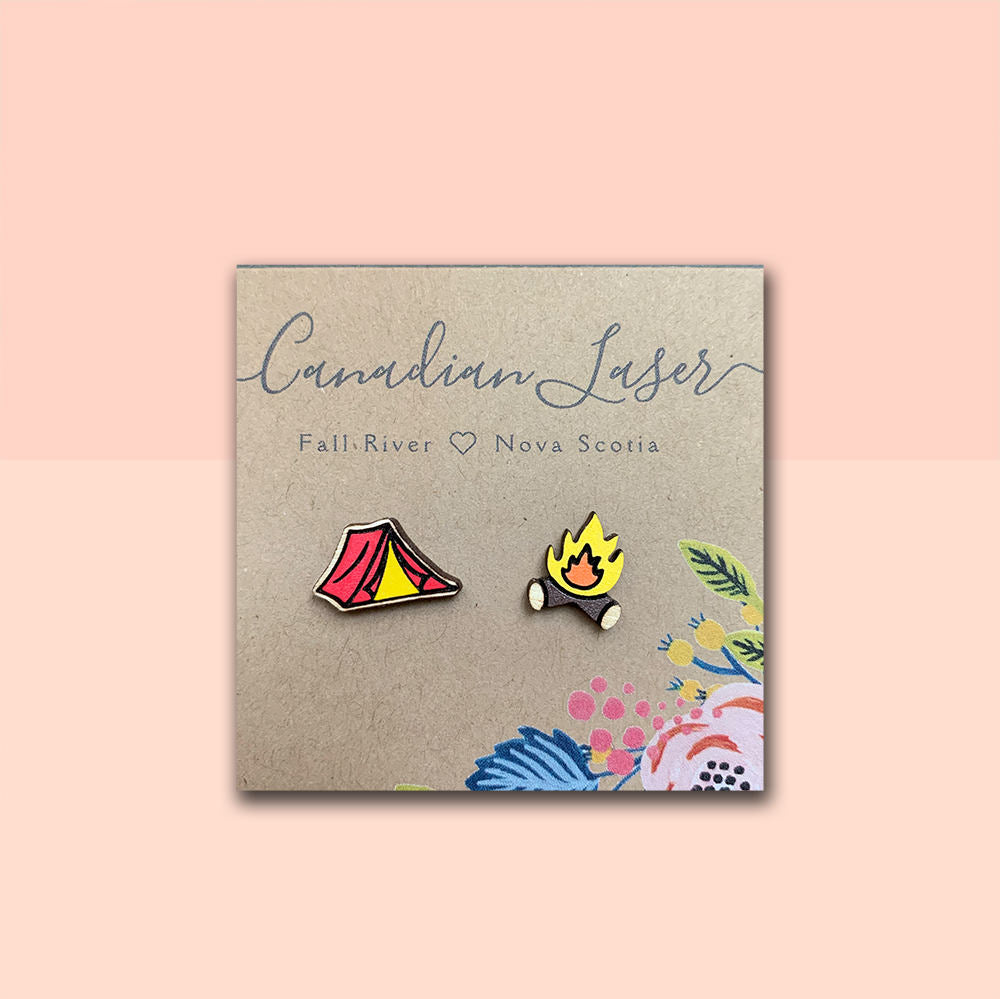 Hand Painted Wooden Studs - Camping - Tent & Campfire