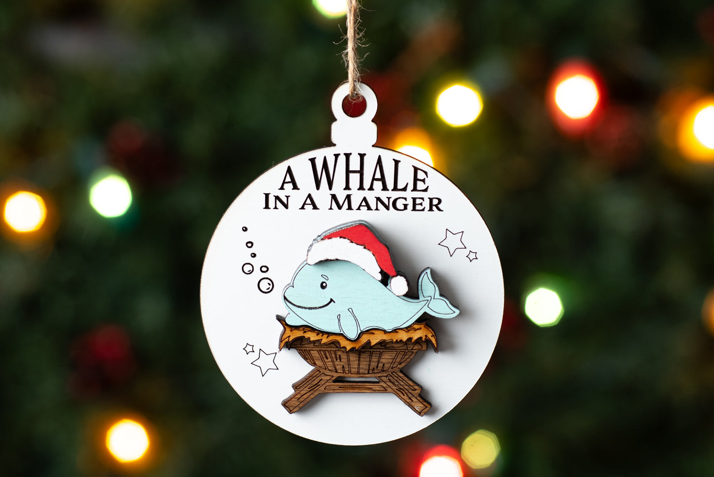 A Whale in a Manger Christmas Ornament