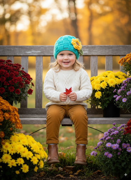 In-Stock 1-3 Year Waffle Beanie in Aqua Marine with 3 Interchangeable Flowers