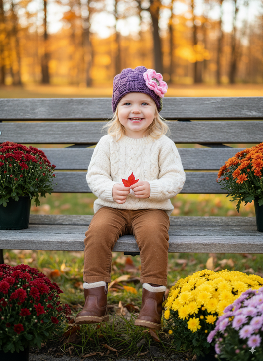 In-Stock 1-3 Year Waffle Beanie in Dusty Purple with 3 Interchangeable Flowers
