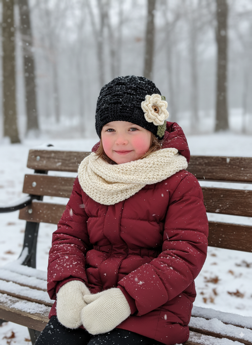 Dark Grey Heather Waffle Beanie with 3 Interchangeable Flowers