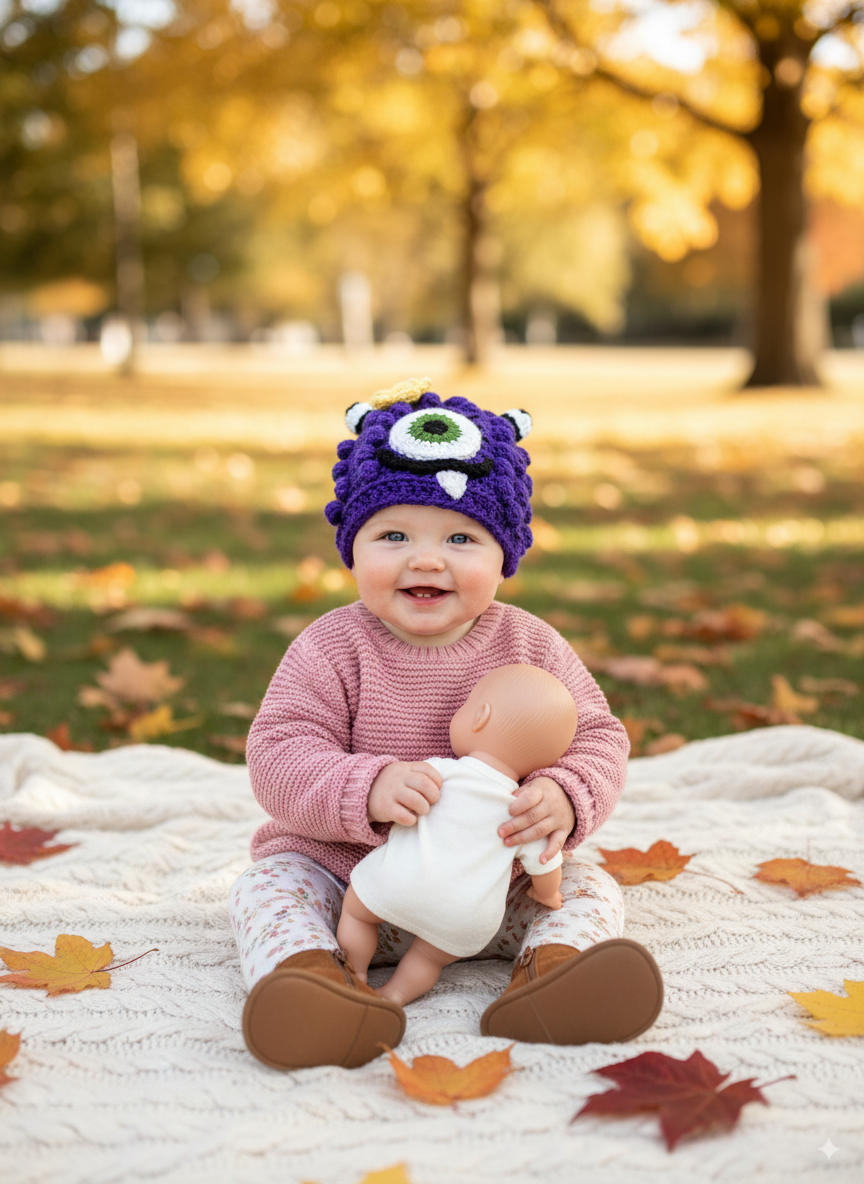In-Stock 6-12 Month Little Monster in Electric Purple with Kelly Green Eye and Lemon Flower