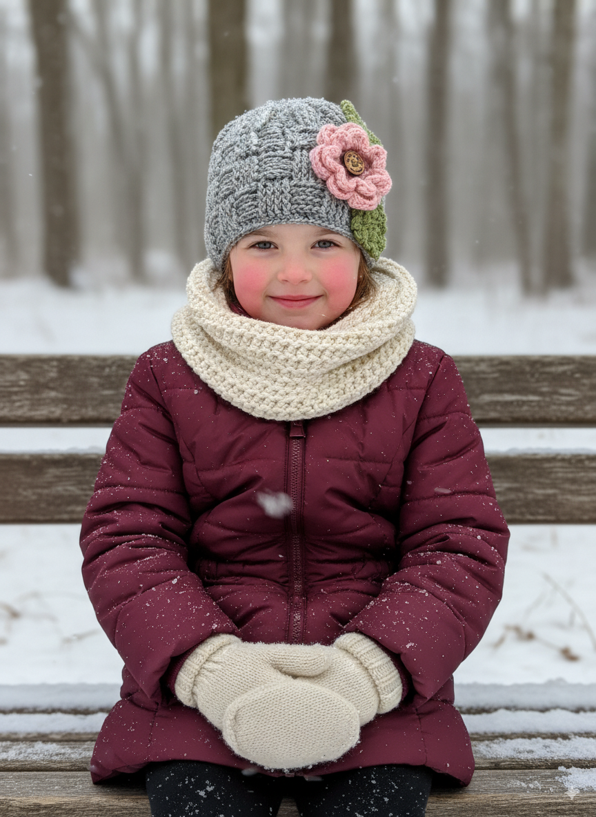 In-Stock 3-10 Year Waffle Beanie in Grey Marble with 3 Interchangeable Flowers