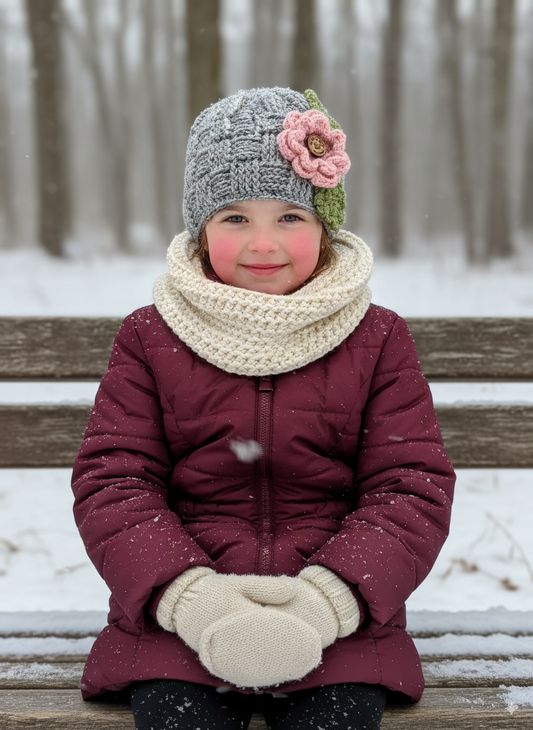 In-Stock 3-10 Year Waffle Beanie in Grey Marble with 3 Interchangeable Flowers