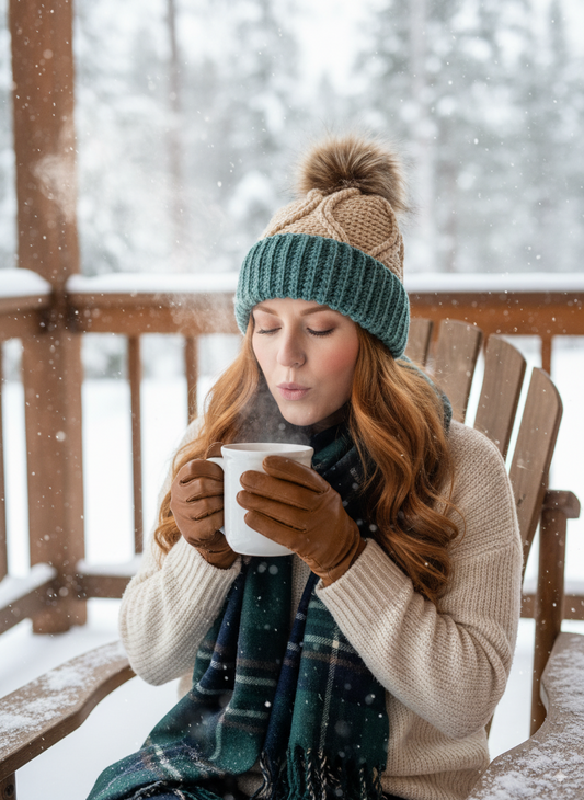 Beige with Sage & Caramel Pom