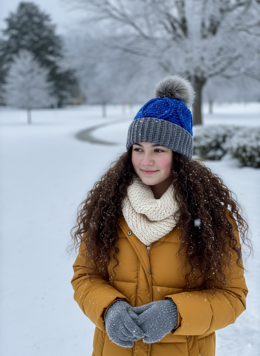 Electric Blue with Silver Grey & Smoke Pom