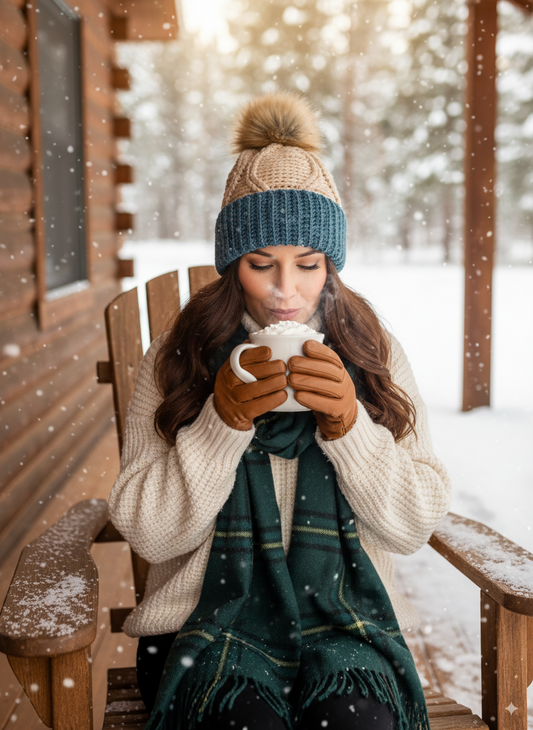 Beige with Dusty Blue & Fox Pom