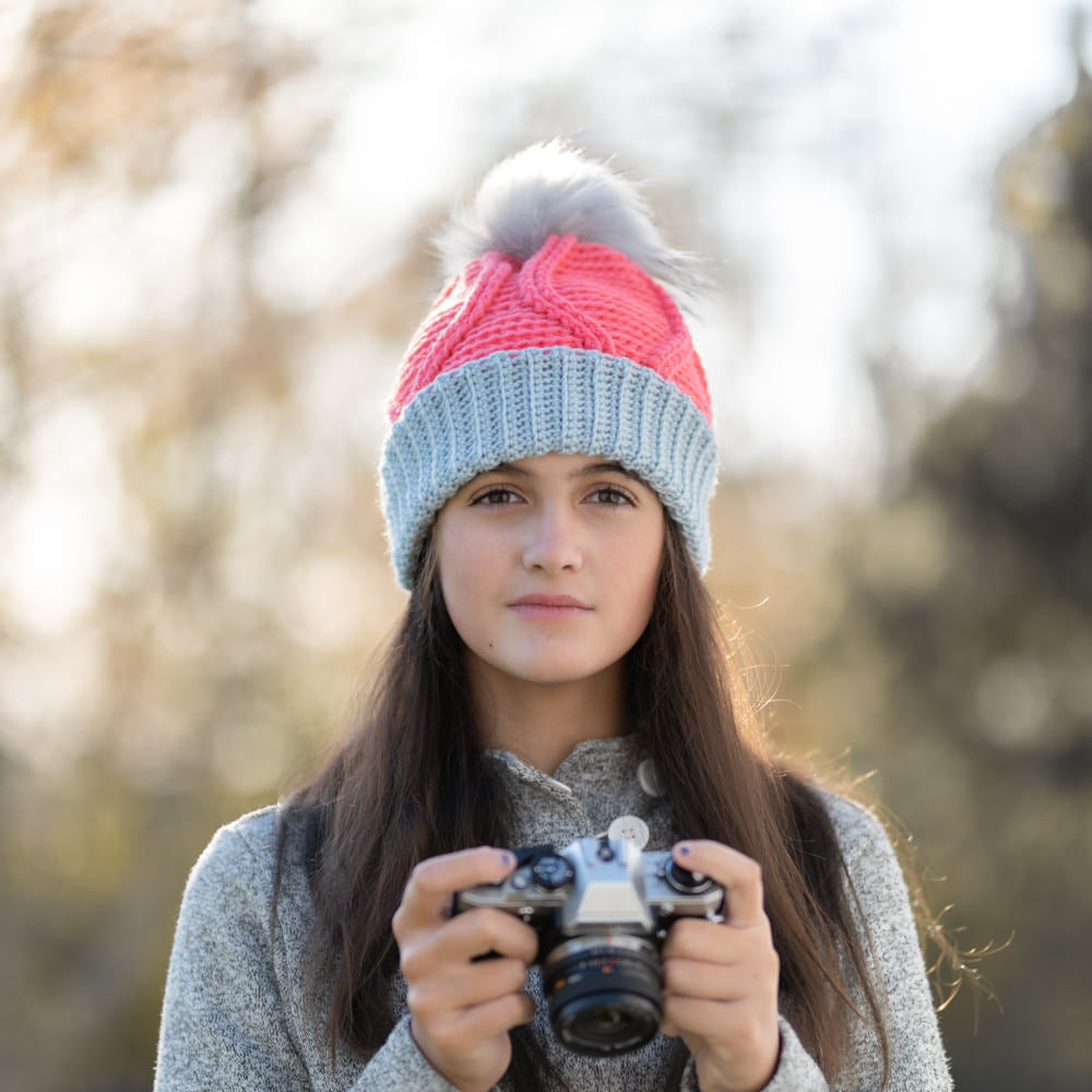Pink Grapefruit with Silver Blue & Fog Pom