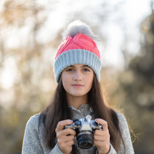 Pink Grapefruit with Silver Blue & Fog Pom