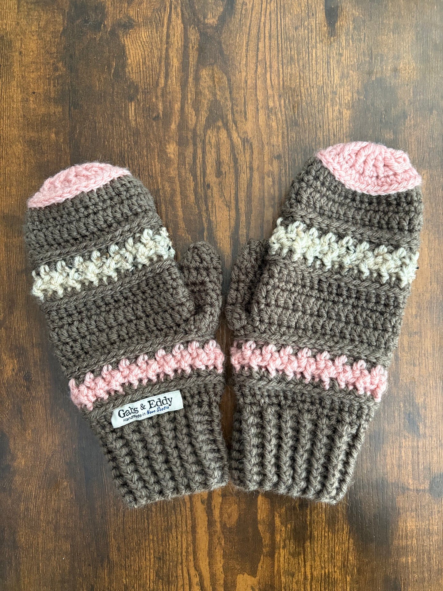 Handmade Crocheted Mittens in Taupe with Oatmeal & Pink Accents