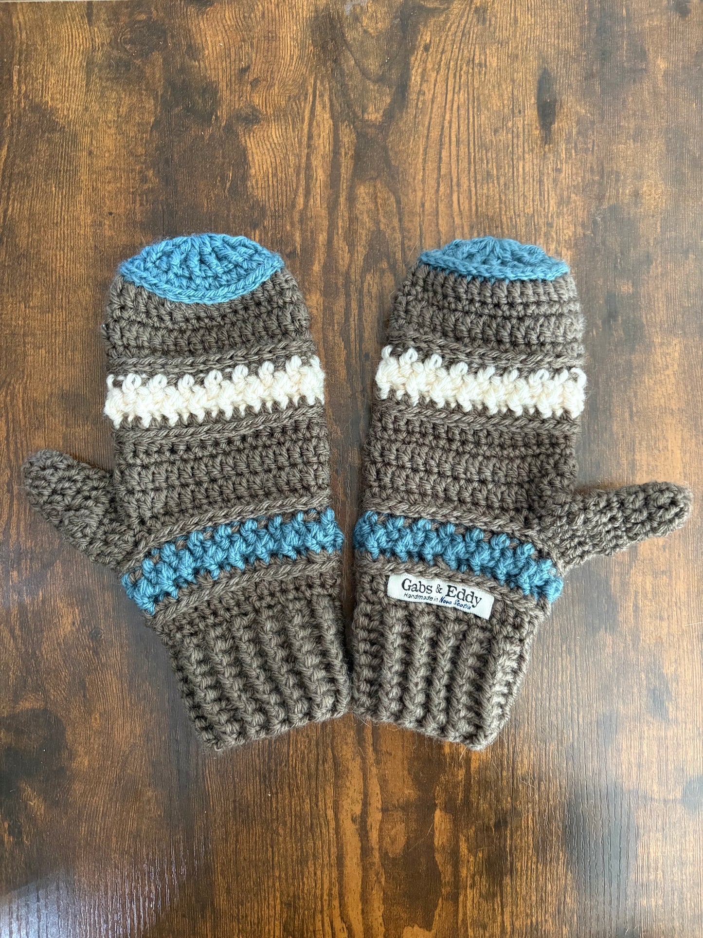 Handmade Crocheted Mittens in Taupe with Beige & Dusty Blue Accents