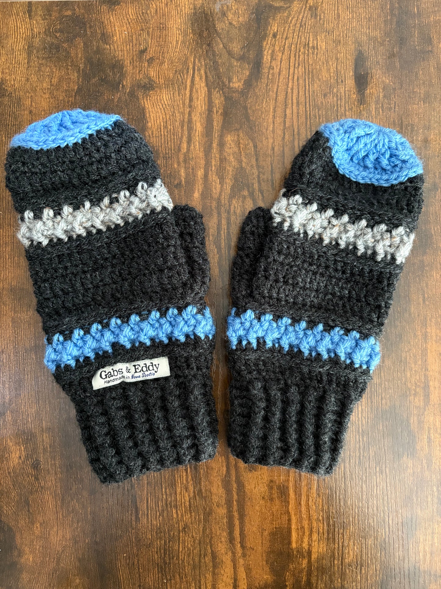 Handmade Crocheted Mittens in Dark Grey Heather with Sky Blue and Linen Accents