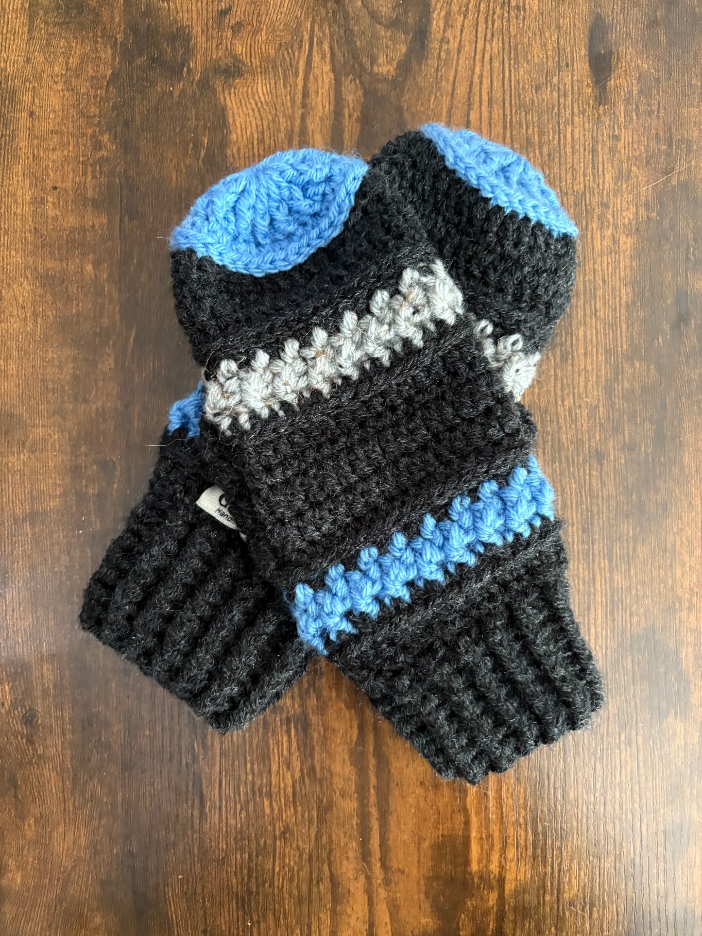 Handmade Crocheted Mittens in Dark Grey Heather with Sky Blue and Linen Accents