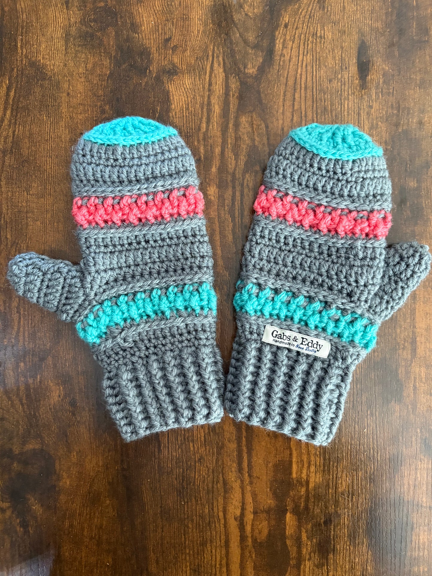 Handmade Crocheted Mittens in Silver Grey with Pink Grapefruit and Aqua Marine Accents
