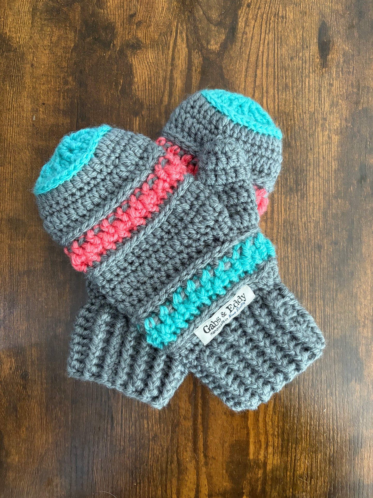 Handmade Crocheted Mittens in Silver Grey with Pink Grapefruit and Aqua Marine Accents
