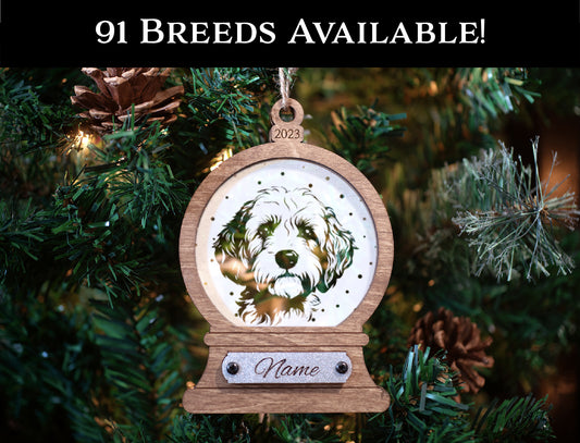 Personalized Acrylic and Wood Dog Snowglobe Ornaments