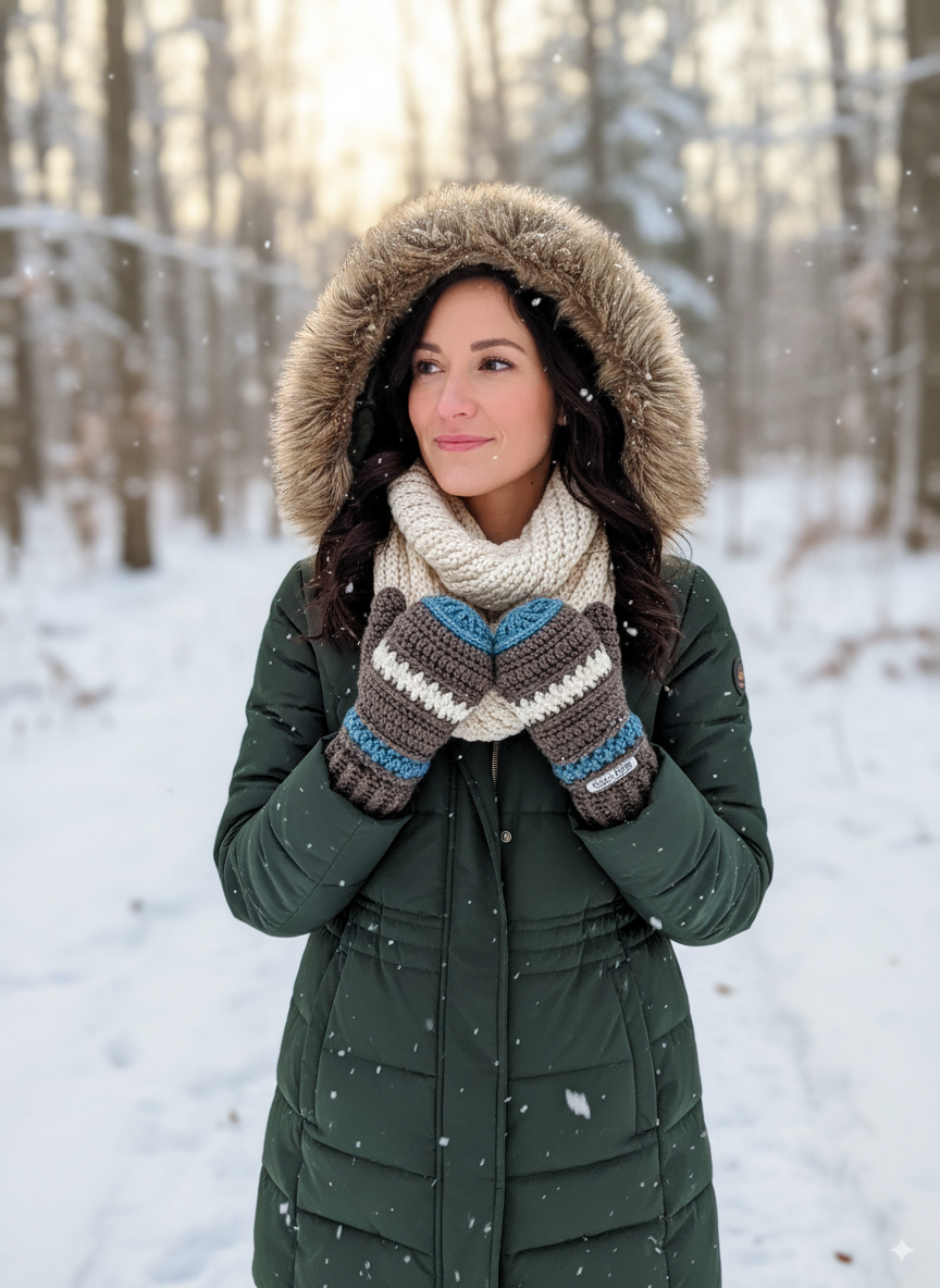 Handmade Crocheted Mittens in Taupe with Beige & Dusty Blue Accents