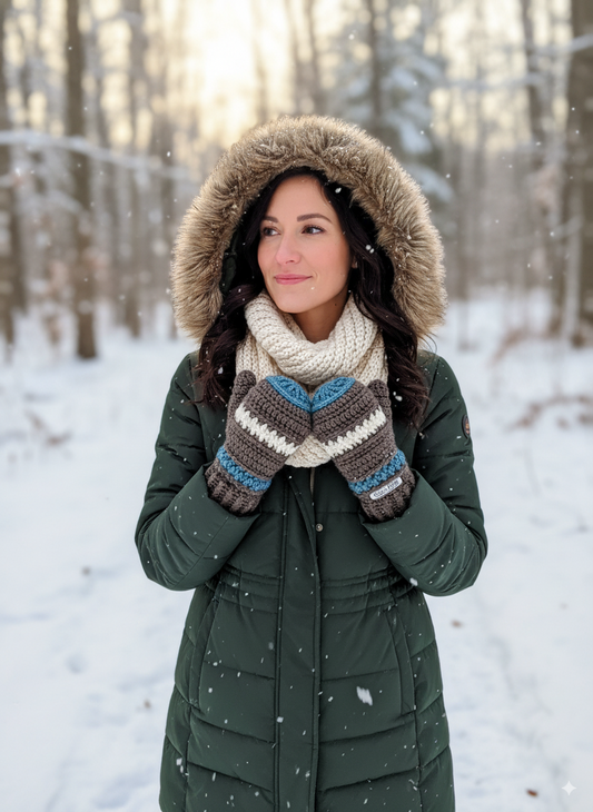 Handmade Crocheted Mittens in Taupe with Beige & Dusty Blue Accents