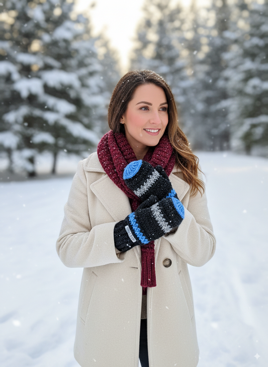 Handmade Crocheted Mittens in Dark Grey Heather with Sky Blue and Linen Accents