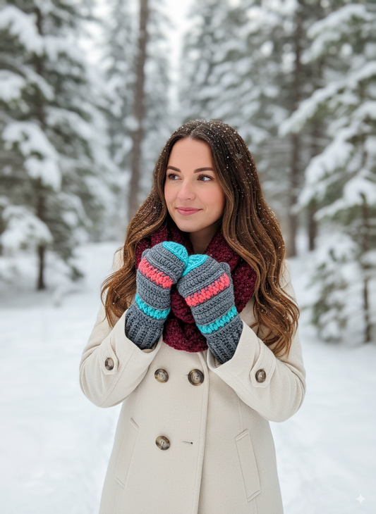 Handmade Crocheted Mittens in Silver Grey with Pink Grapefruit and Aqua Marine Accents
