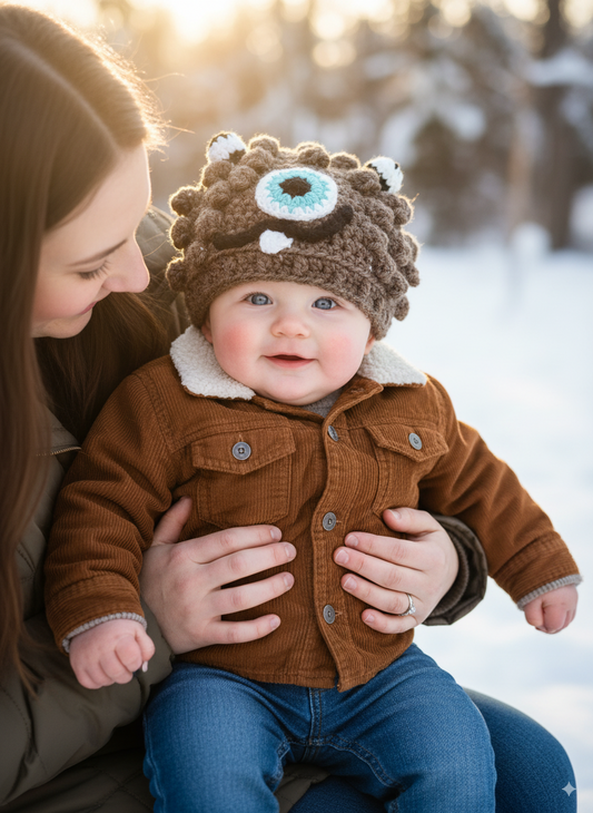 In-Stock 0-6 Month Little Monster in Barley with Aqua Marine Eye.