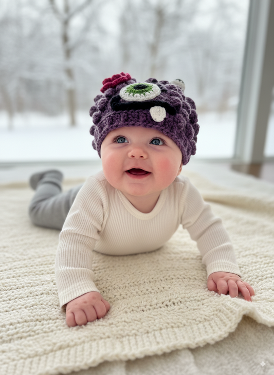 In-Stock 0-6 Month Little Monster in Dusty Purple with Kelly Green Eye and Raspberry Flower