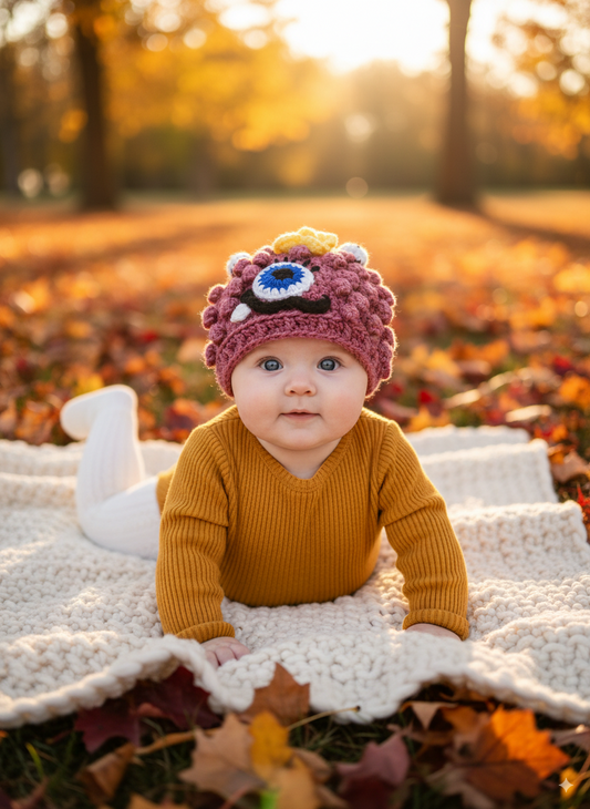 In-Stock 0-6 Month Little Monster in Rose Mist with Electric Blue Eye & Lemon Yellow Flower