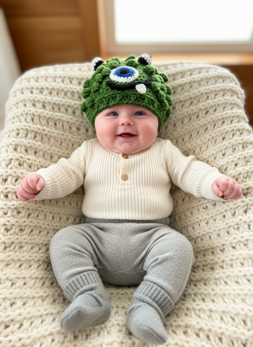 In-Stock 0-6 Month Little Monster in Kelly Green with Electric Blue Eye