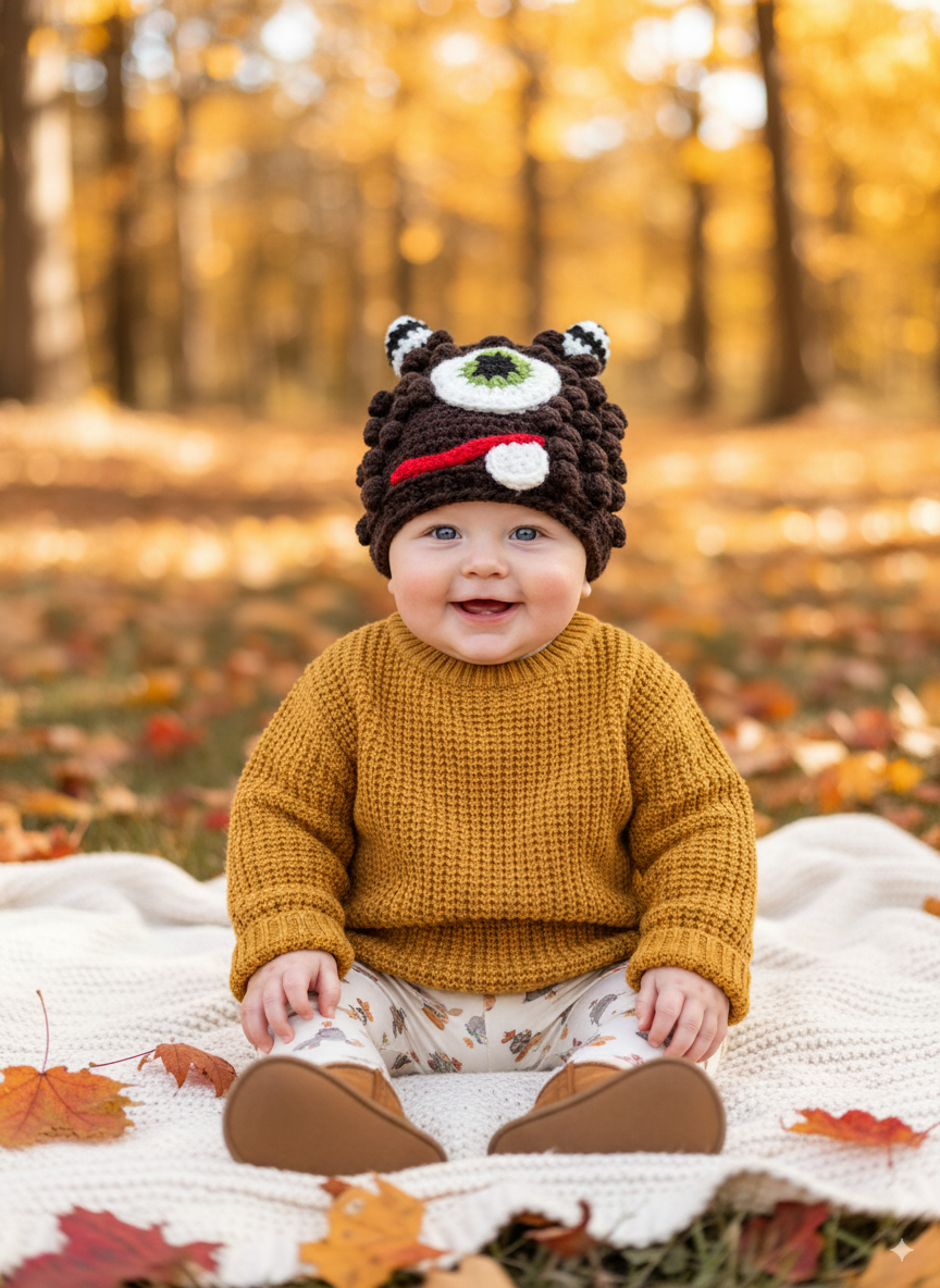 In-Stock 6-12 Month Little Monster in Expresso with Fern Eye.