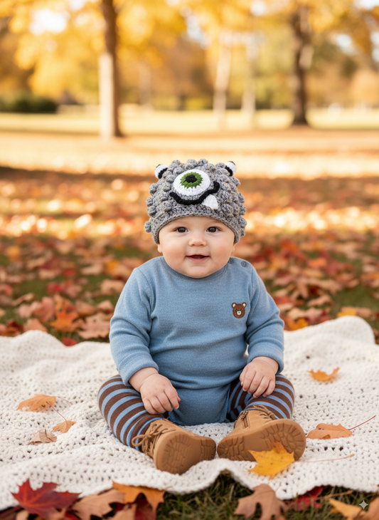 In-Stock 6-12 Month Little Monster in Grey Marble with Kelly Green Eye