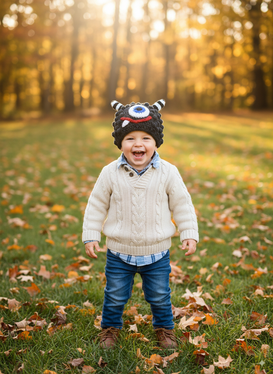 In-Stock 1-3 Year Little Monster in Dark Grey Heather with Electric Blue Eye with Red Lips