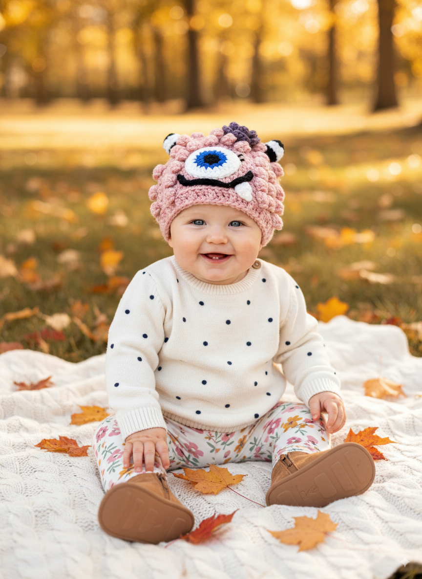 In-Stock 6-12 Month Little Monster in Pink with Electric Blue Eye and Dusty Purple Flower