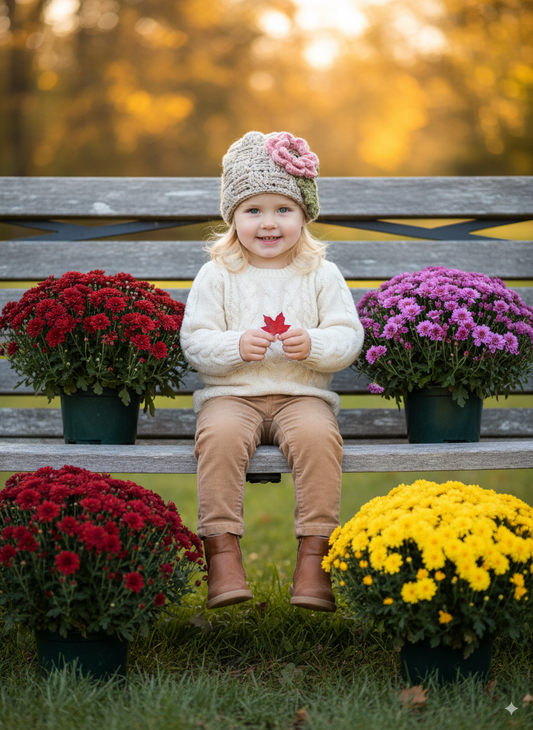 In-Stock 1-3 Year Waffle Beanie in Oatmeal with 3 Interchangeable Flowers