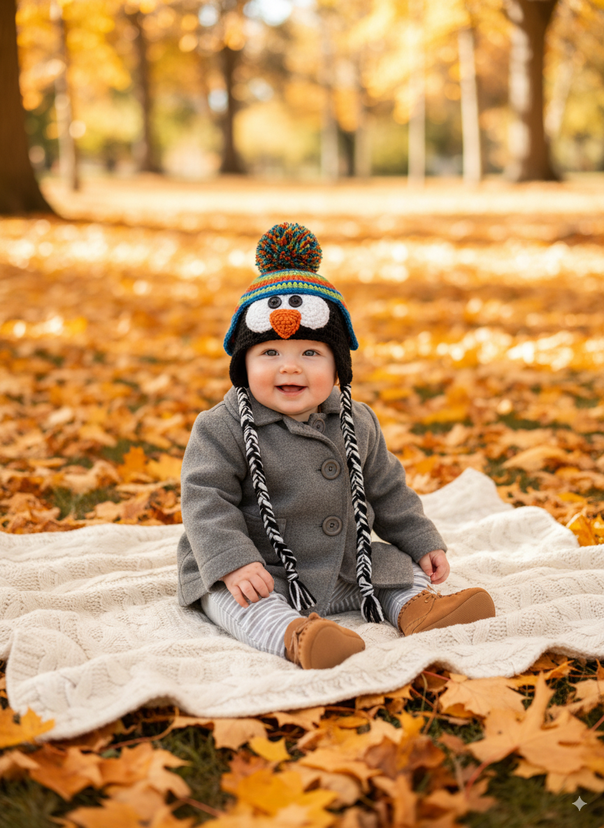 In-Stock 0-6 Month Penguin Hat in Sapphire, Orange & Fern
