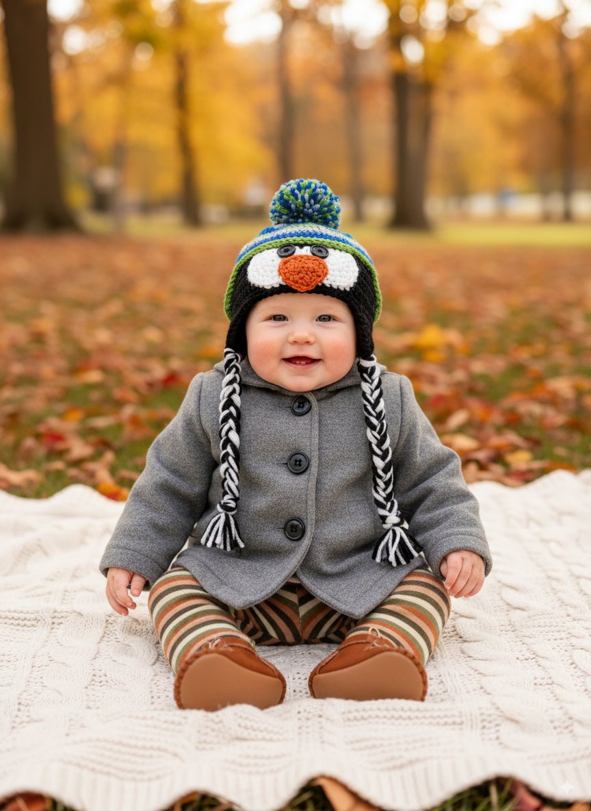 In-Stock 0-6 Month Penguin Hat in Grey Marble, Electric Blue and Fern