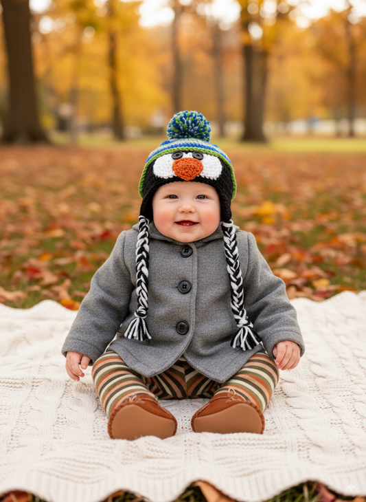 In-Stock 0-6 Month Penguin Hat in Grey Marble, Electric Blue and Fern