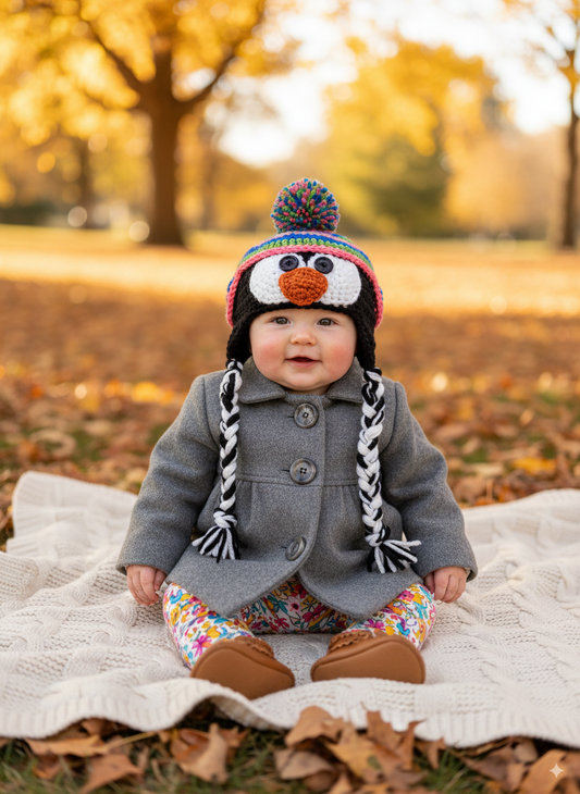 In-Stock 0-6 Month Penguin Hat in Electric Blue, Fern and Pink Grapefruit