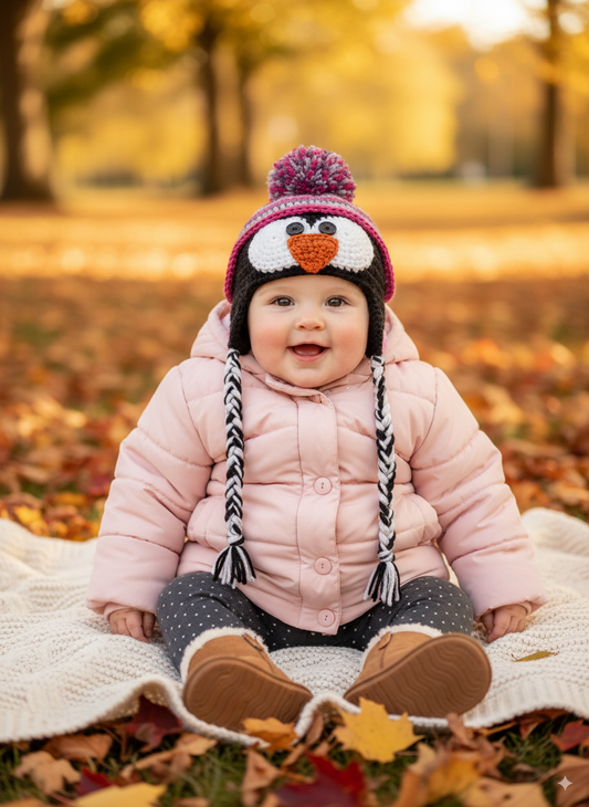 In-Stock 6-12 Month Penguin Hat in Dusty Purple, Raspberry and Grey Marble