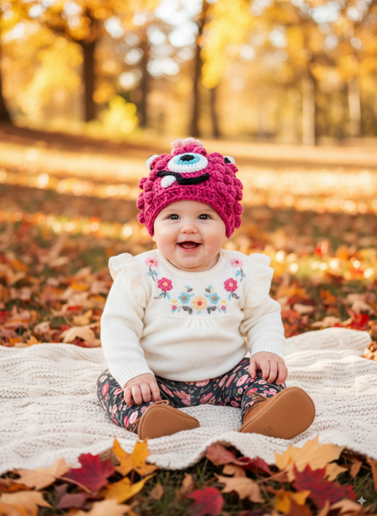 In-Stock 6-12 Month Little Monster in Raspberry with Aqua Marine Eye and Pink Flower