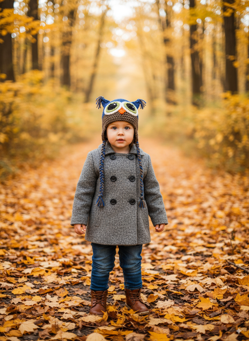 In-Stock 1-3 Year Owl in Colonial Blue and Taupe with Fern Eyes