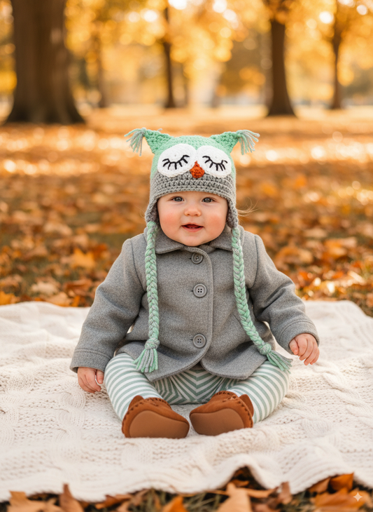 In-Stock 0-6 Month Sleepy Owl in Mint with Silver Heather