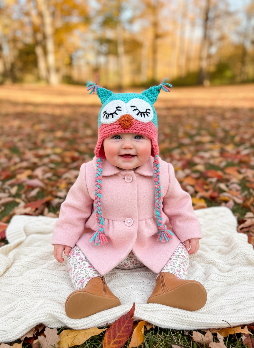 In-Stock 0-6 Month Sleepy Owl in Aquamarine & Pink Grapefruit