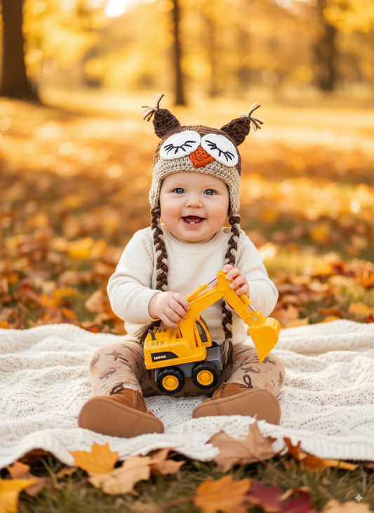 In-Stock 6-12 Month Sleepy Owl in Chocolate & Oatmeal