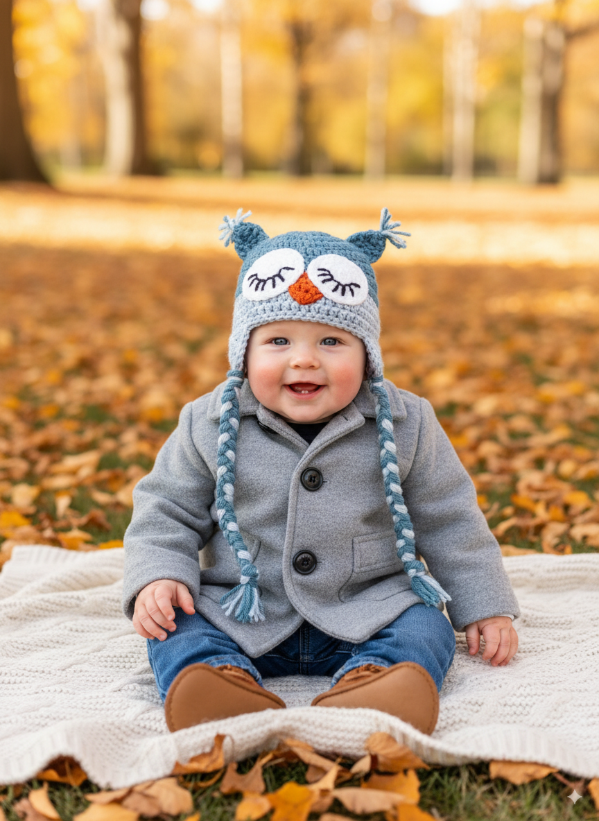 In-Stock 0-6 Month Sleepy Owl in Dusty Blue & Silver Blue