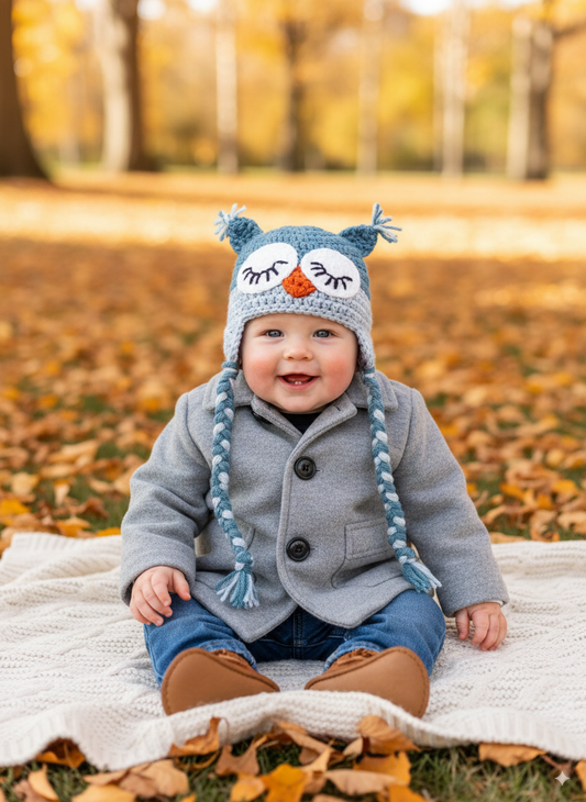 In-Stock 0-6 Month Sleepy Owl in Dusty Blue & Silver Blue
