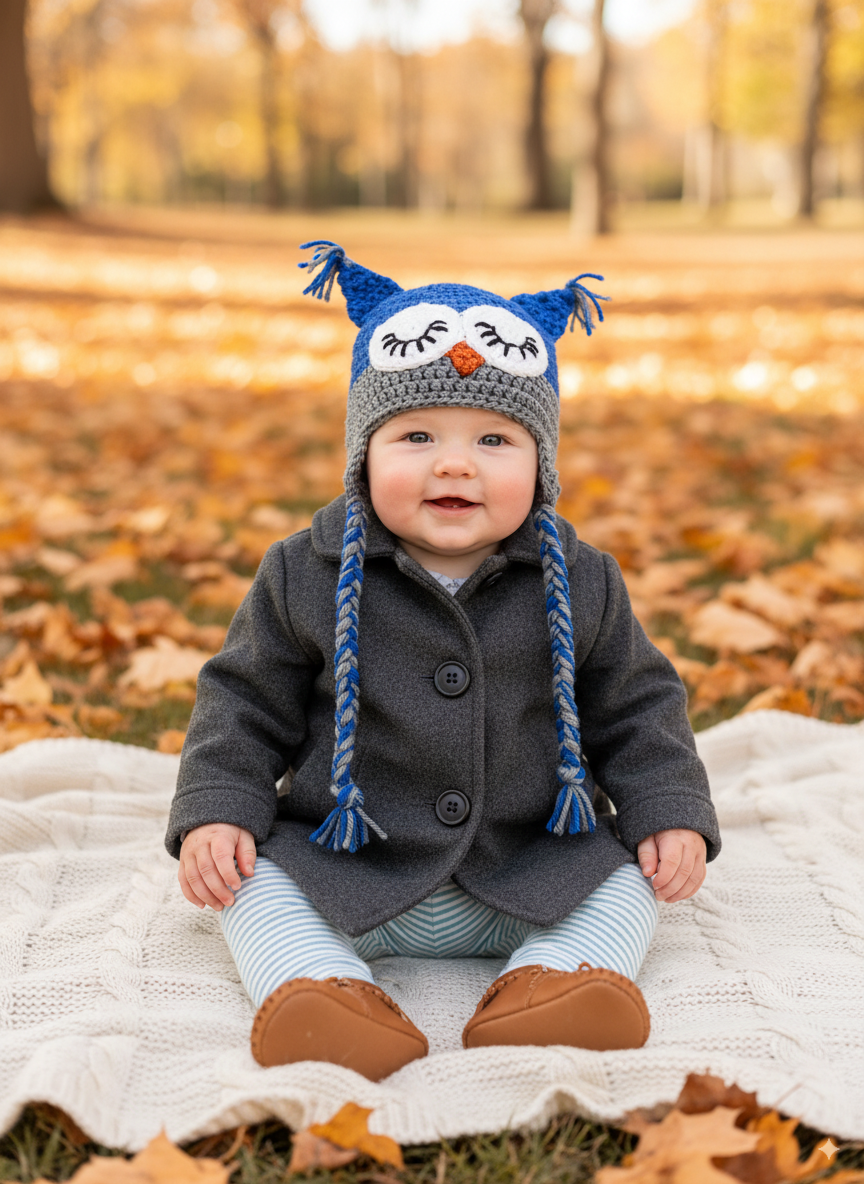 In-Stock 0-6 Month Sleepy Owl in Electric Blue with Silver Grey