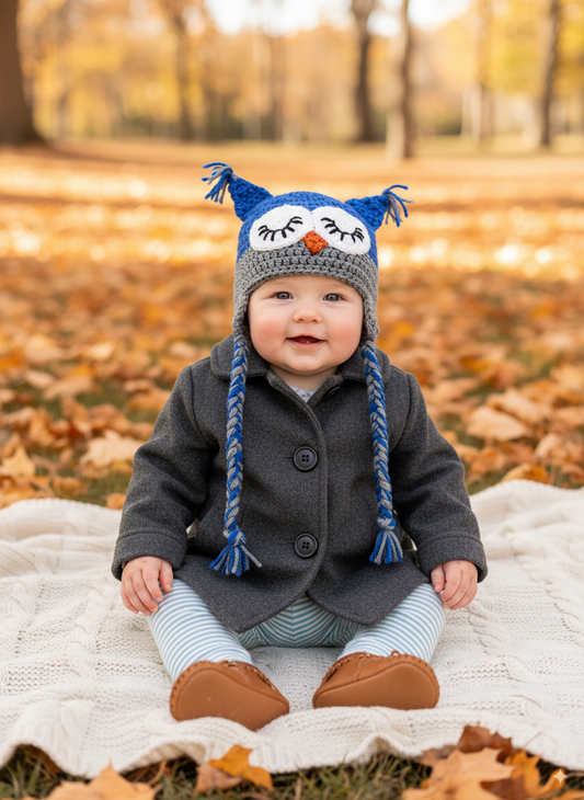 In-Stock 0-6 Month Sleepy Owl in Electric Blue with Silver Grey