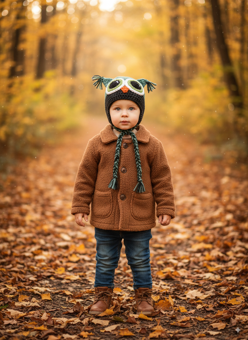In-Stock 1-3 Year Owl in Sage with Dark Grey Heather and Fern Eyes